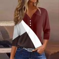 thumbnail image 2 of DENGDENG Women's Tops 3/4 Sleeve Loose Fit Collared Button Down Shirts Summer Henley V Neck Tunic Casual T-Shirts Lightweight Trendy Geometric Print Blouse Wine M, 2 of 5
