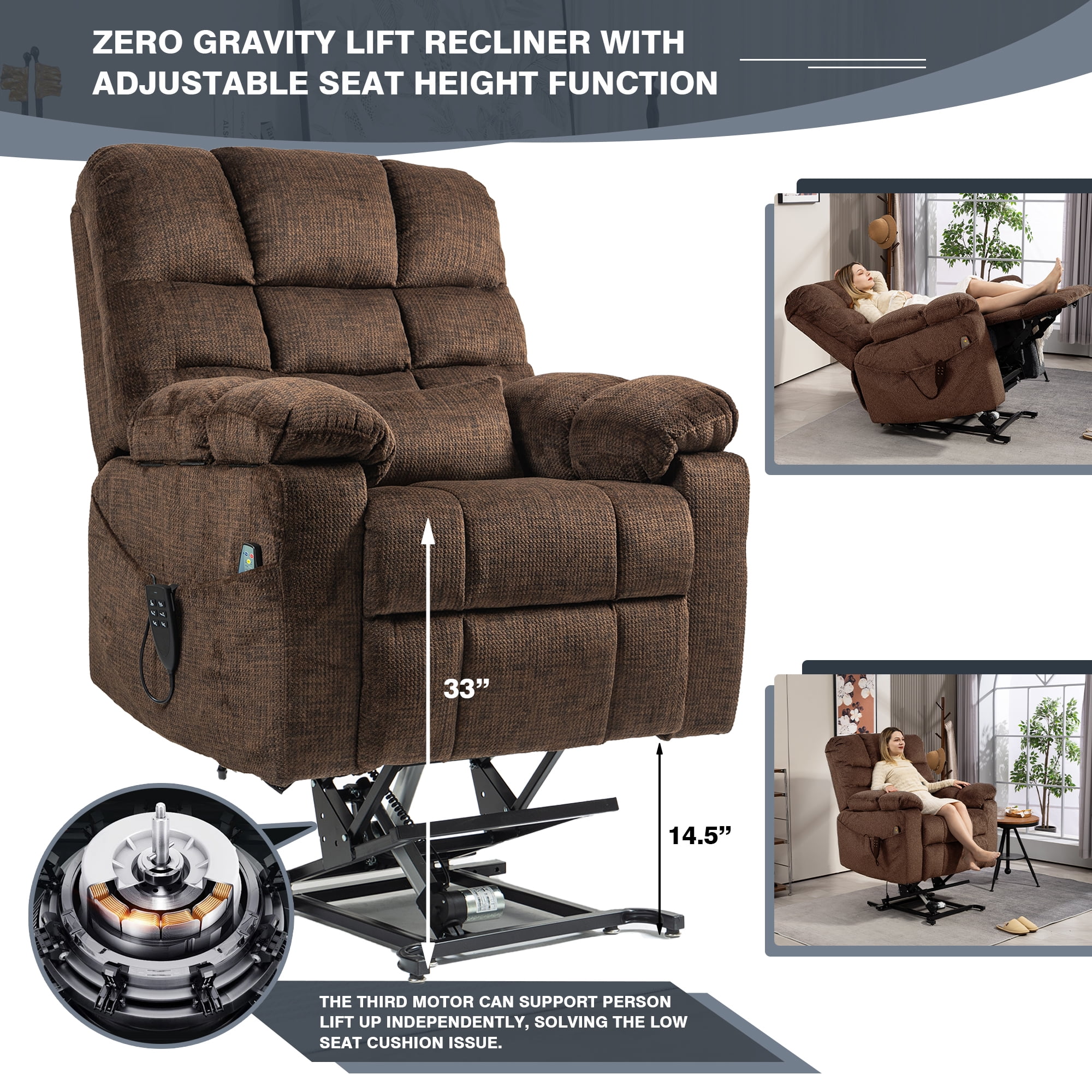 LITVZ Triple Motor Zero Gravity Power Lift Recliner Chair for Elderly, Extra Wide, Lifts Vertically, Legs Elevated Above The Heart, Heat Massage
