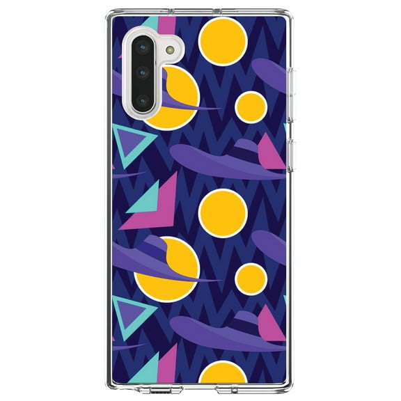 DistinctInk Clear Shockproof Hybrid Case for Samsung Galaxy Note 10 (6.3" Screen) - TPU Bumper, Acrylic Back, Tempered Glass Screen Protector - Pink Purple Yellow 90s Pattern - Relive the 90's