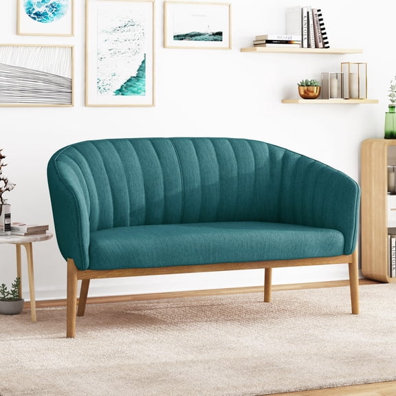 Teal Mid-Century Modern Loveseat Sofa, 2-Seater Fabric Couch with Plush Channel Stitching, Curved Backrest, Tapered Wood Legs for Living Room or Reading Nook