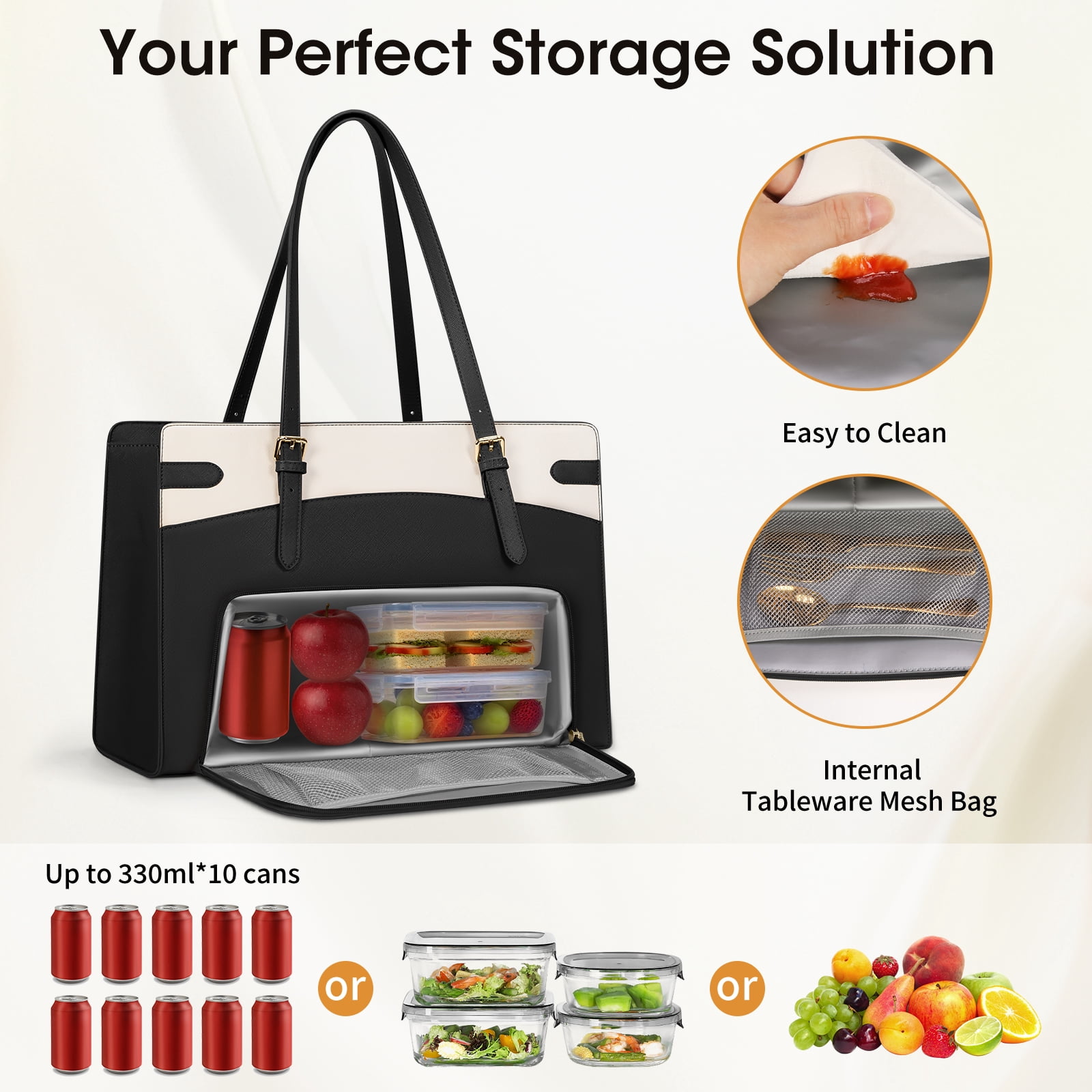 RAINSMORE 15.6 inch Lunch Tote Bag for Women Laptop Bags with Insulated Lunch Compartment Teacher Work Bag for Office Travel,BlackWhite