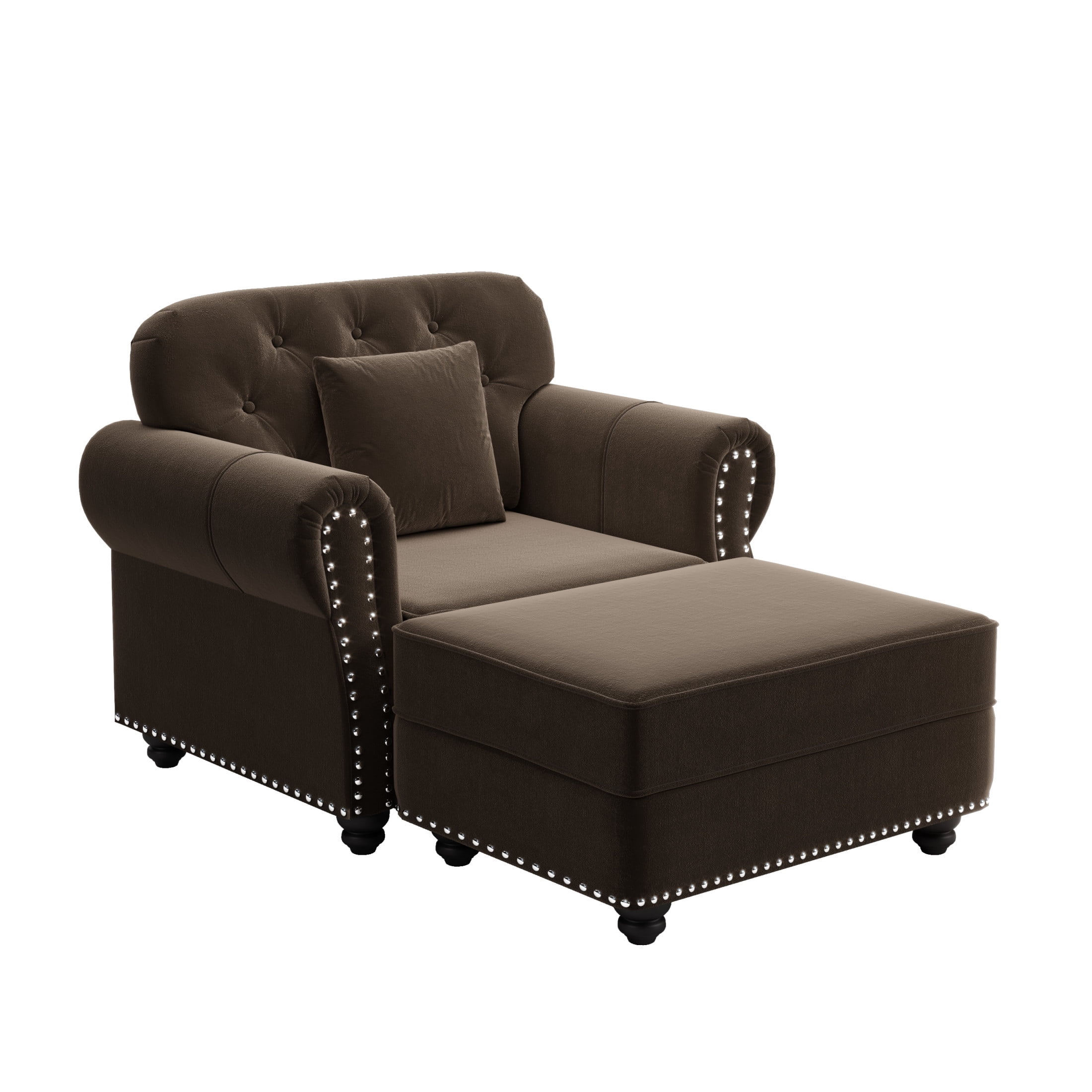 Noble House Kieran 1-Seater Velvet Chesterfield Sofa, Modern Tufted Armchair with Nailhead Trim and Ottoman, Brown