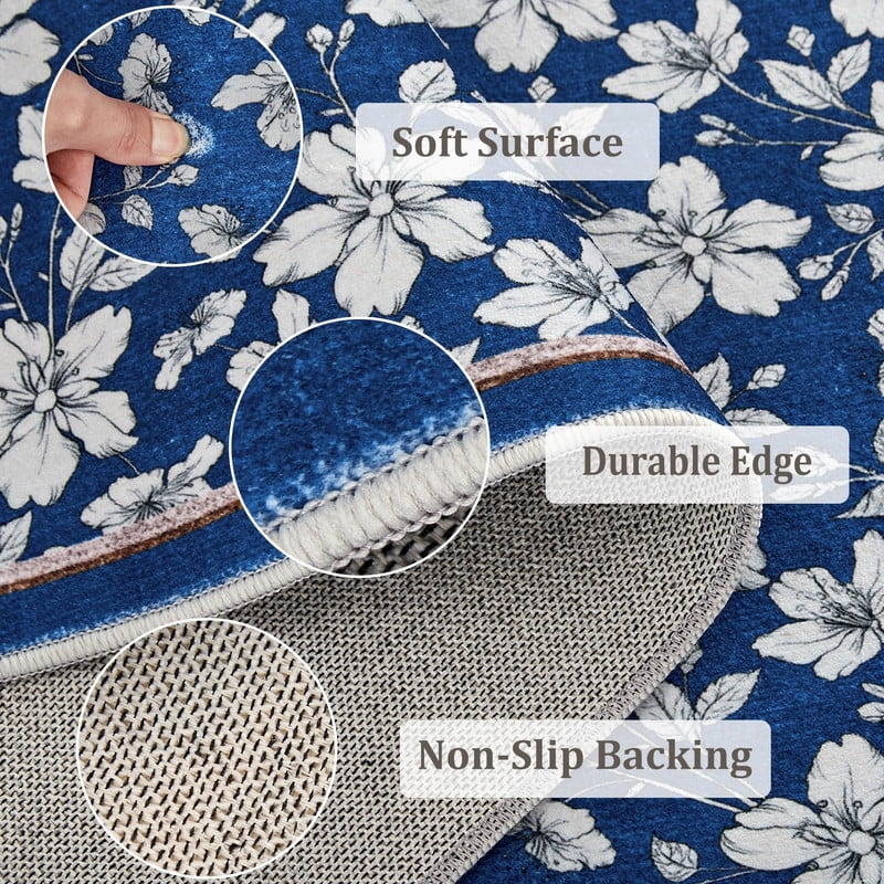 8'x10' Area Rugs Boho Floral Bedroom Washable Low Pile Non Slip Indoor Carpet for Nursery Playroom Living Room Blue