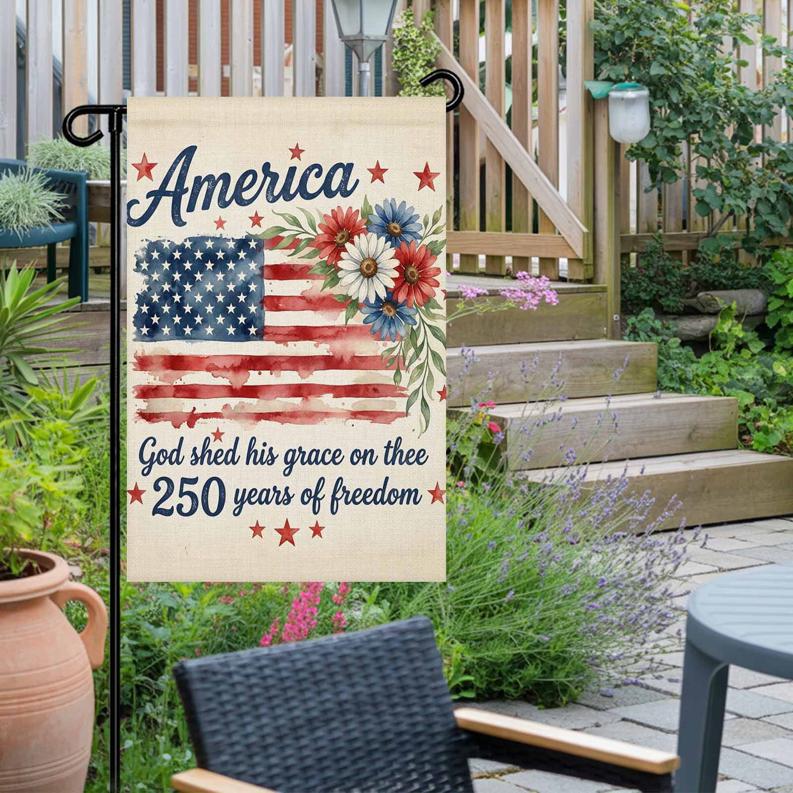 4th of July Garden Flags 250 Years of Freedom Garden Flag Double Sided Welcome Flag American Flag Daisy Independence Day Yard Flags for Outdoor Lawn Porch Memorial Day Holiday Decor 28x40 Inch
