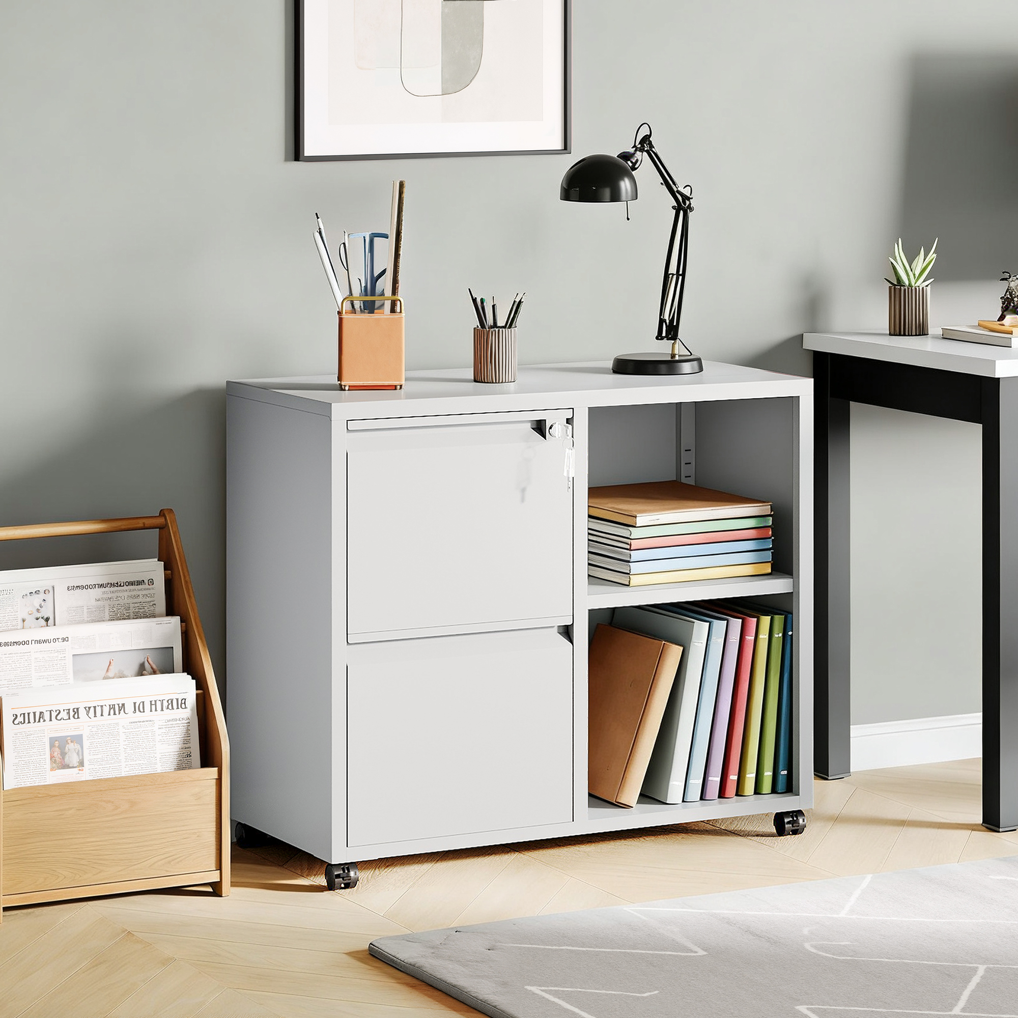 GALAXHERO 2 Drawer File Cabinet with Lock, Metal Filing Cabinet for Home Office, Rolling Printer Stand with Adjustable Shelf, Fit Letter/A4/Legal Size Files, White