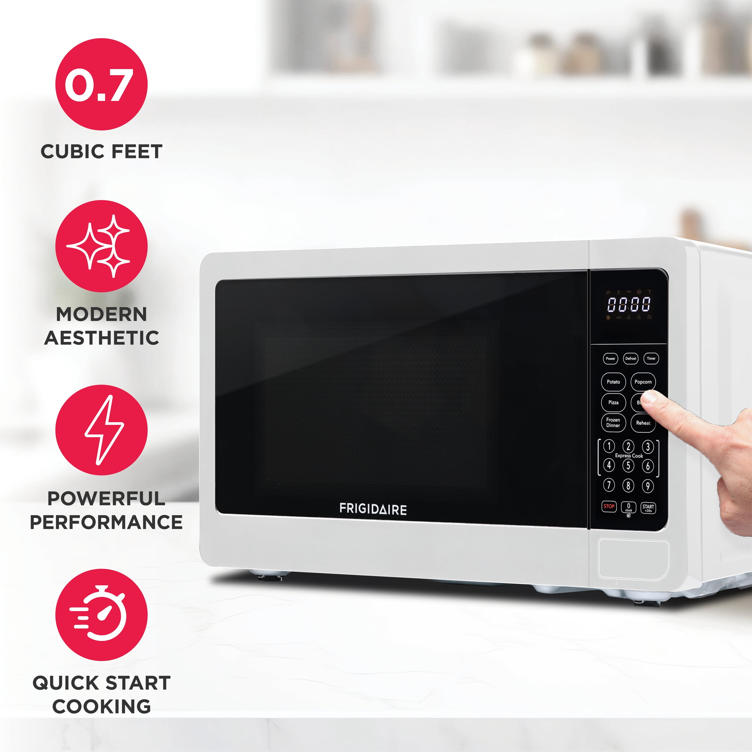 Frigidaire 0.7 Cu. Ft. Countertop Microwave Oven, 700 Watt Microwave with 10 Power Levels, White EMW733
