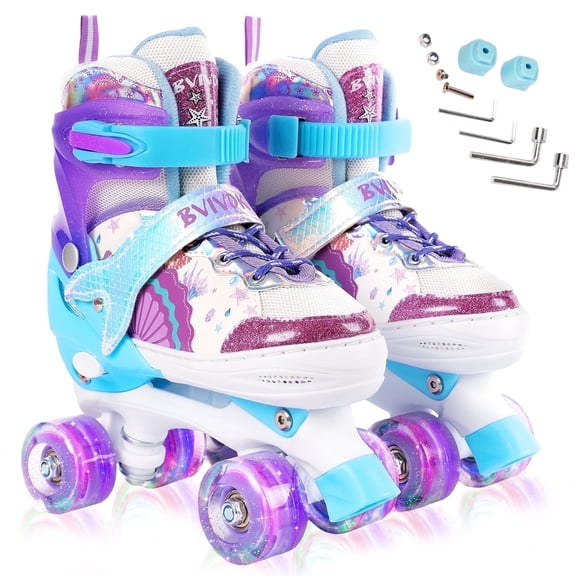 Bvivok Roller Skates for Girls, Rated for Beginners, Size S (10C-13C), 4 Adjustable Sizes, Light up Wheels, Purple