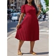 thumbnail image 3 of Plus Size Women's Solid Color Short Puff Sleeve Pleated Hem Dress Coffee Brown Casual Dress, 3 of 12