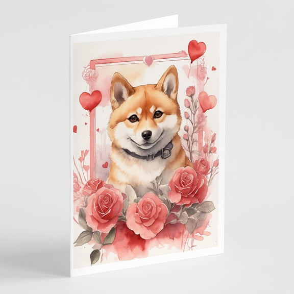 Shiba Inu Valentine Roses Greeting Cards Pack of 8 7 in x 5 in