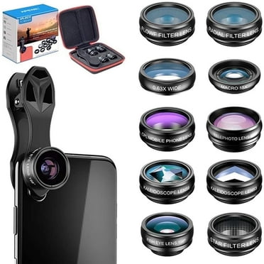 Apexel 10 in 1 Phone Camera lens kit Wide Angle lens, Macro lens, Fisheye lens, Telephoto lens, Kaleidoscope 3/6 lens CPL/Flow/Star/Radial Filter Clip-on Phone for iPhone Samsung Most of Smartphone