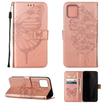 Dteck iPhone 13 Case, Butterfly Patterned Wallet Case, Magnetic Hand Strap Credit Card Holder Slots Synthetic Leather Kickstand Protective Cover For iPhone 13, Rosegold