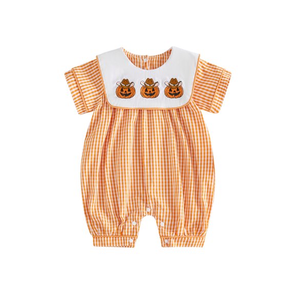 Cjfdfy Newborn Baby Girl Boy Halloween Outfit Infant Baby Girls Boys Summer Fall Clothes Plaid Gingham Bubble Romper Cute Pumpkin Embroidered Short Sleeve Jumpsuit Playsuit Holiday Clothes