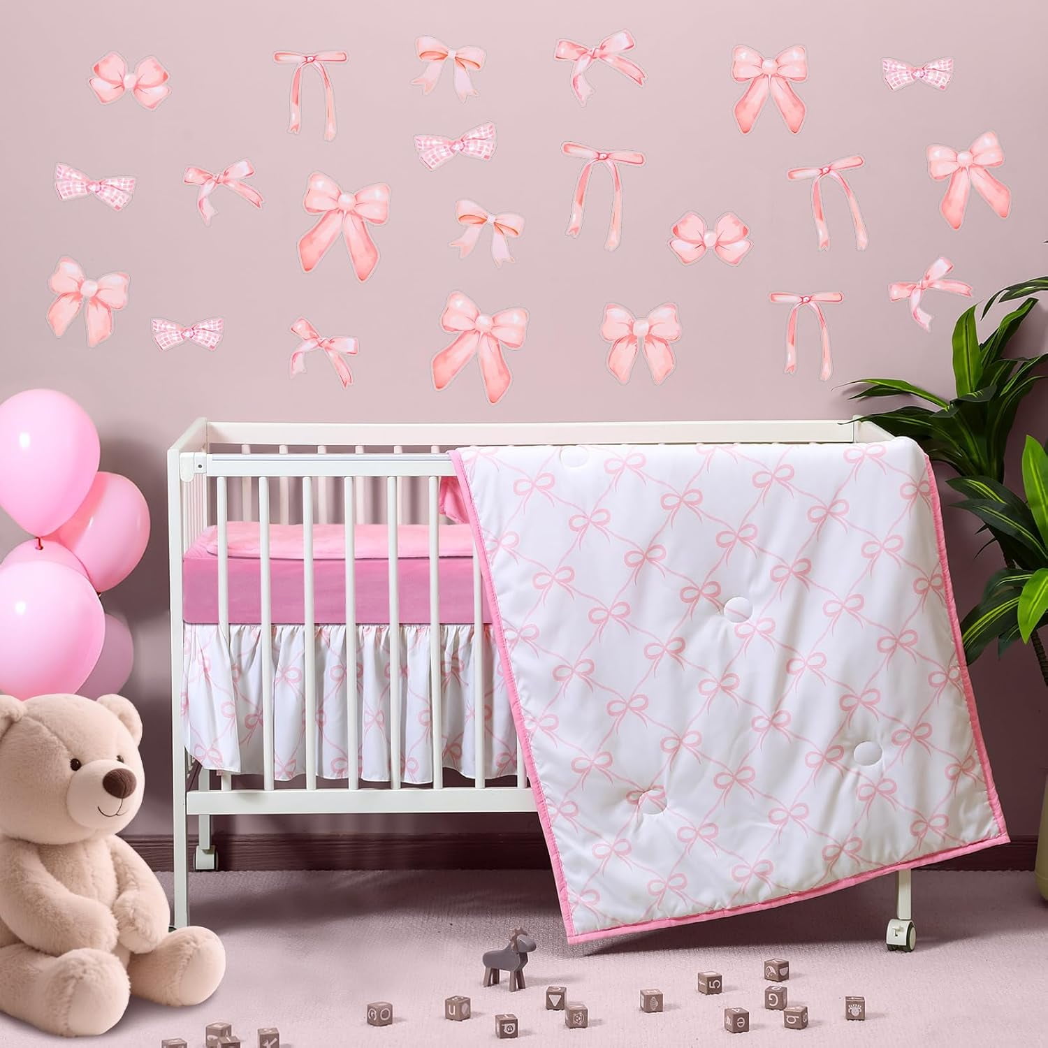5 Pcs Pink Bow Crib Bedding Set Include Print Crib Sheets Bed Skirt Comforter Pad Cover Wall Stickers for Girls Princess Nursery Room Decoration