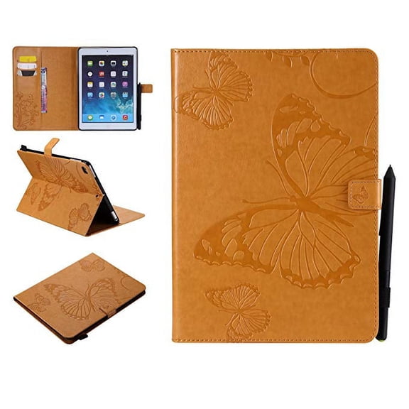iPad Air 1/2, iPad 9.7" 2017/2018 case, Allytech Embossed with Butterfly Series AUTO WAKE/SLEEP Folio Stand Wallet Case with Cards/Cash Holder for iPad Air 1/2, iPad 9.7" 2017/2018 Tablet, Yellow