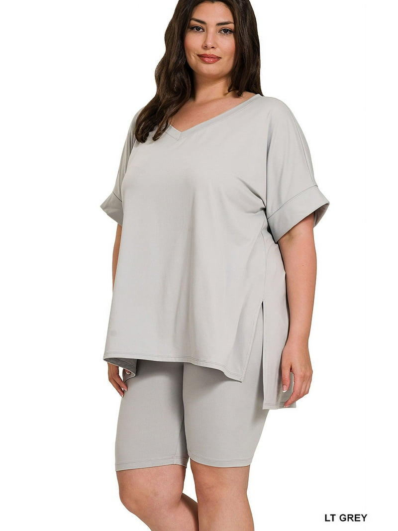 Zenana Women's Brushed DTY Microfier V-Neck Short Sleeve Hi-Low