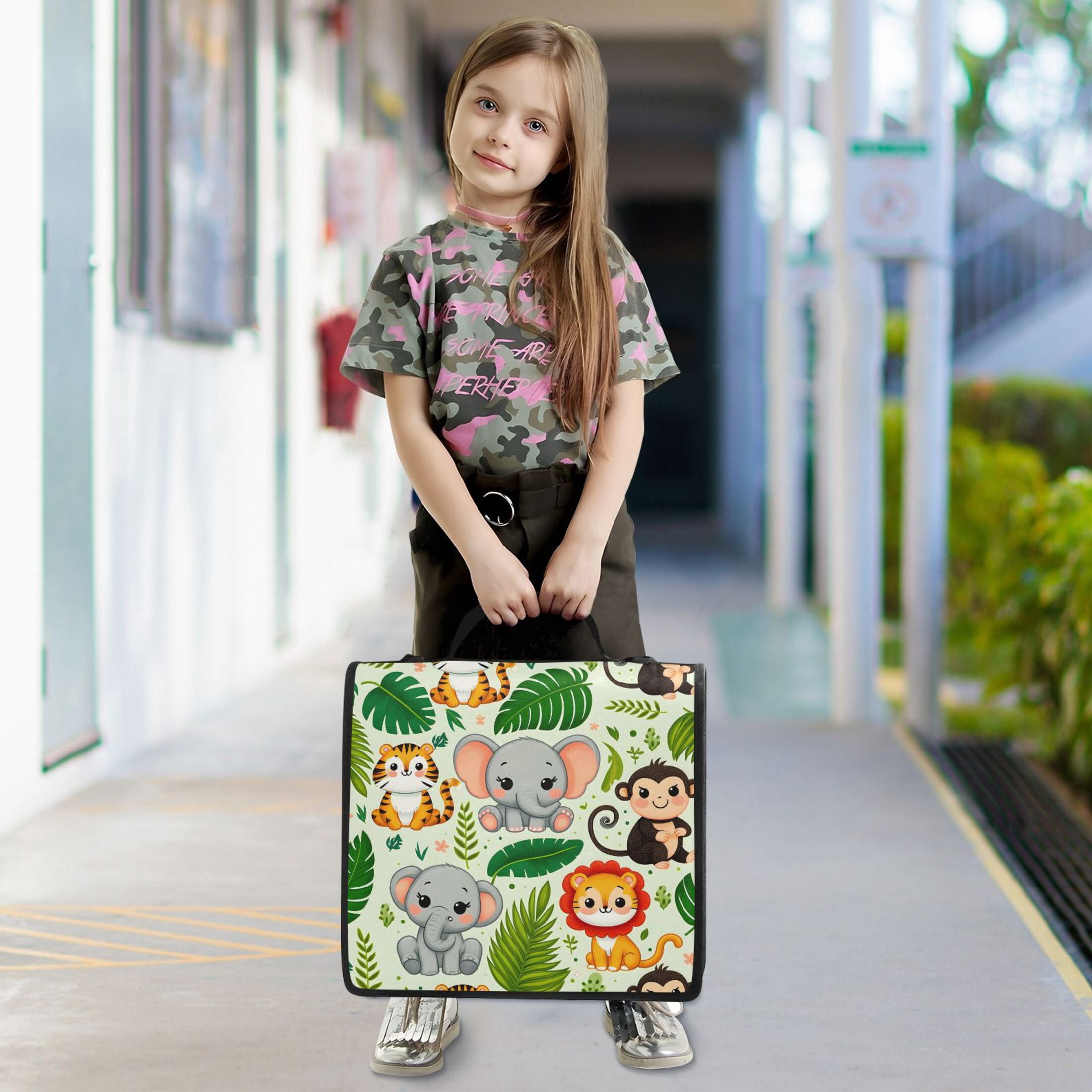 3 Ring Zipper Binder with Shoulder Strap Waterproof Trapper Keeper 2 Inch D-Ring 500 Sheets Capacity Cute Lion Tiger Monkey Elephants