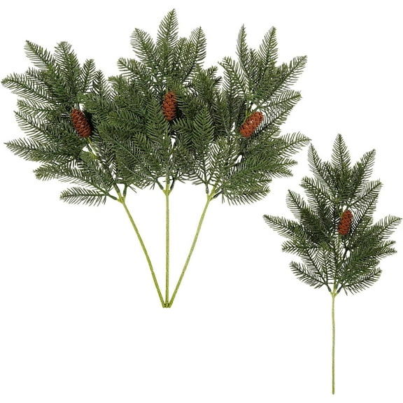 4PCS Artificial Pine Branches Faux Pine Needles with Pine Cones 19 Long Greenery Pine Picks Christmas Twigs Stems for DIY Garland Wreath Xmas Embellishing Home Garden Decoration