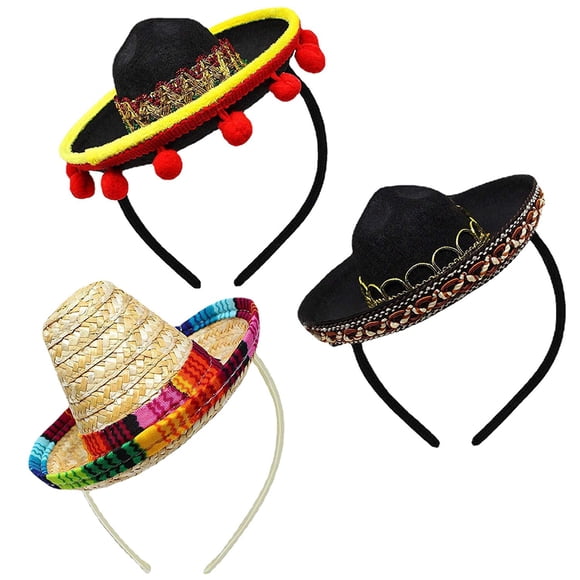 3 Pack Cinco De Mayo Fiesta Headbands, Mexican Sombrero Hats, Party Photo Booth Props for Kids Pet, Non Woven and Straw, Room Table Decorations