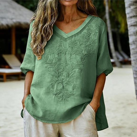 Ayolanni Solid Color Women's Tops, Tees & Blouses Embroidered Short Sleeve V-Neck Casual Blouse Vintage Plus Size Shirts Going Out Tops for Women