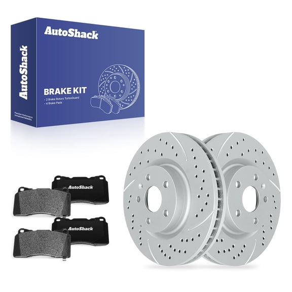 AutoShack Front Vented Drilled & Slotted Coated Brake Rotors Silver Matte Finish   Ceramic Pads 6-PC Brake Kit Replacement for 2013-2019 Cadillac XTS 2014 Cadillac CTS TurboGuard 13.57" (344.8 mm)