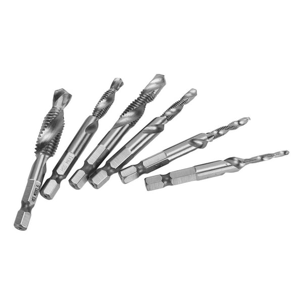 Drill Tap, 6Pcs Various Sizes Spiral Flute 1/4in Hex Shank Drilling Taps Rustproof High Hardness  For Chamfering For Tapping Silver