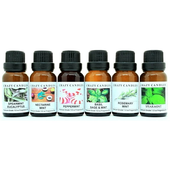 Crazy Candles 6 Bottle Set, Basil Sage & Mint, Nectarine Mint, Peppermint, Rosemary Mint, Spearmint, Spearmint Eucalyptus 1/2 FL Oz Each (15ml) Premium Grade Scented Fragrance Oil