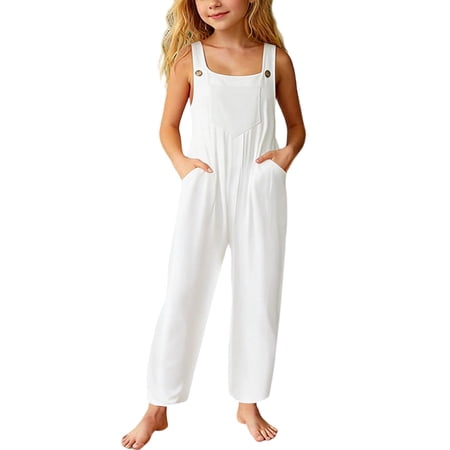 Abcomgle Girls Overalls Size 7-8 Casual Sleeveless Straight Leg Jumpsuit Spring Cute Rompers with Pockets