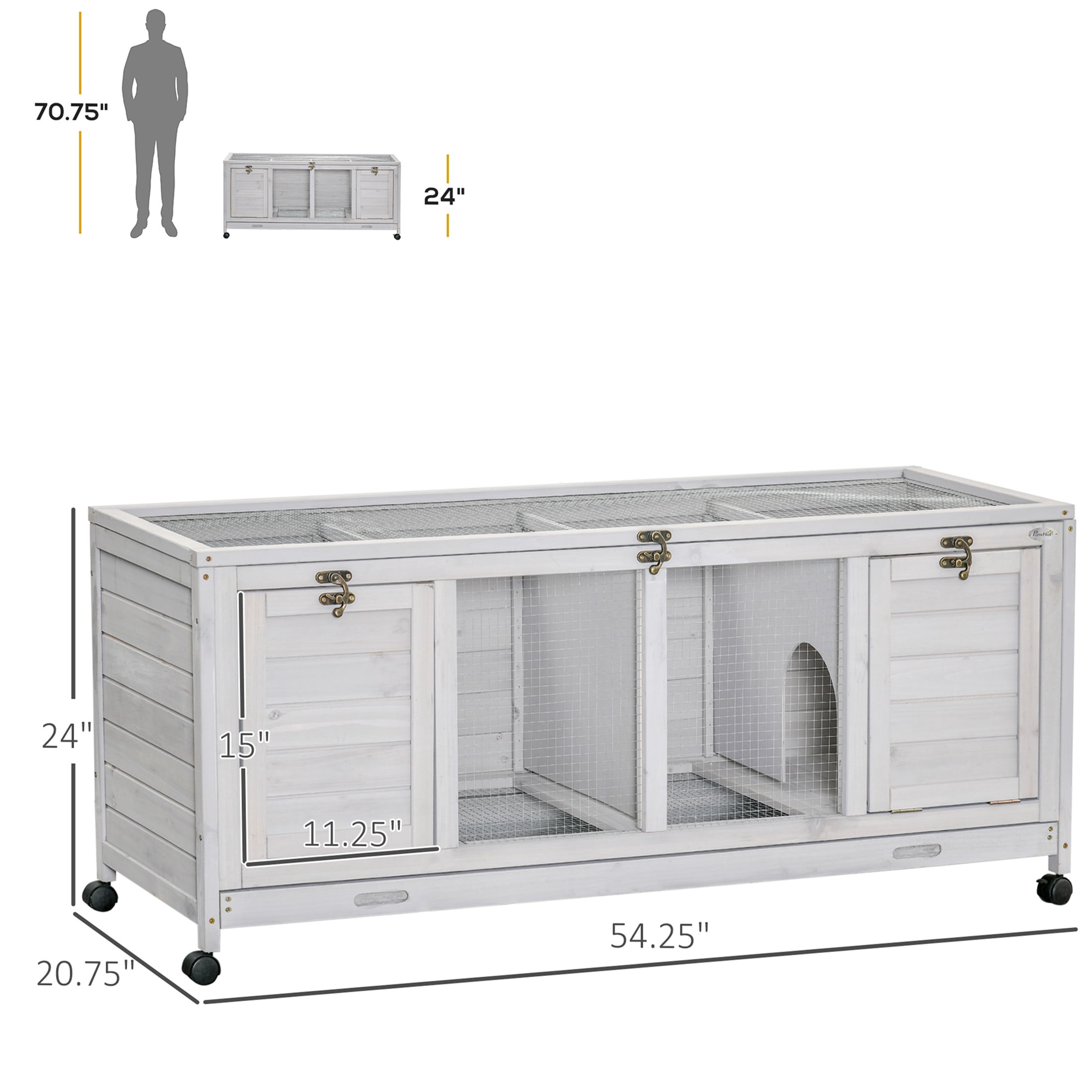 JERFIT 2-Tier Rabbit Hutch with Wheels, Gray Wooden Bunny Cage w/ Openable Roof, Divider Panel & Pull-Out Tray for Indoor/Outdoor Small Pets