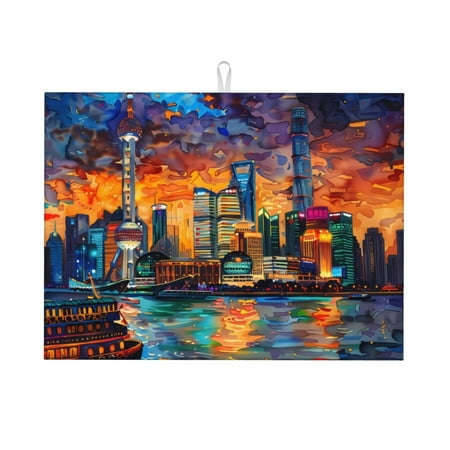

Honeii Neon Shanghai Cityscape Night Print Kitchen Drying Mat Coffee Bar Mat Hide Stain Coffee Maker Mat for Countertops Coffee Pot Dish Drying Mat