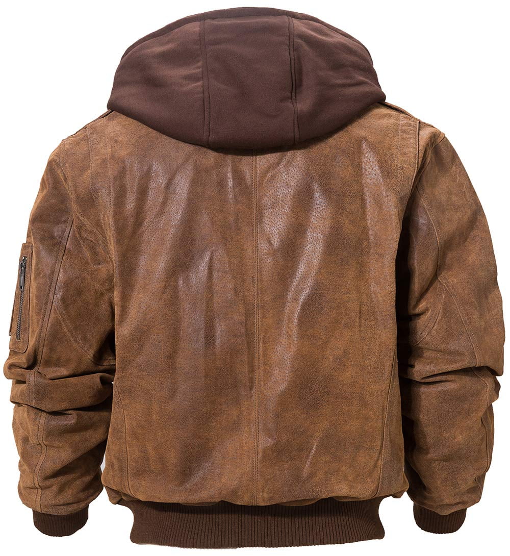 FLAVOR Men's Leather Flight Bomber Jacket Air Force Aviator (Medium, Brown with Hood)