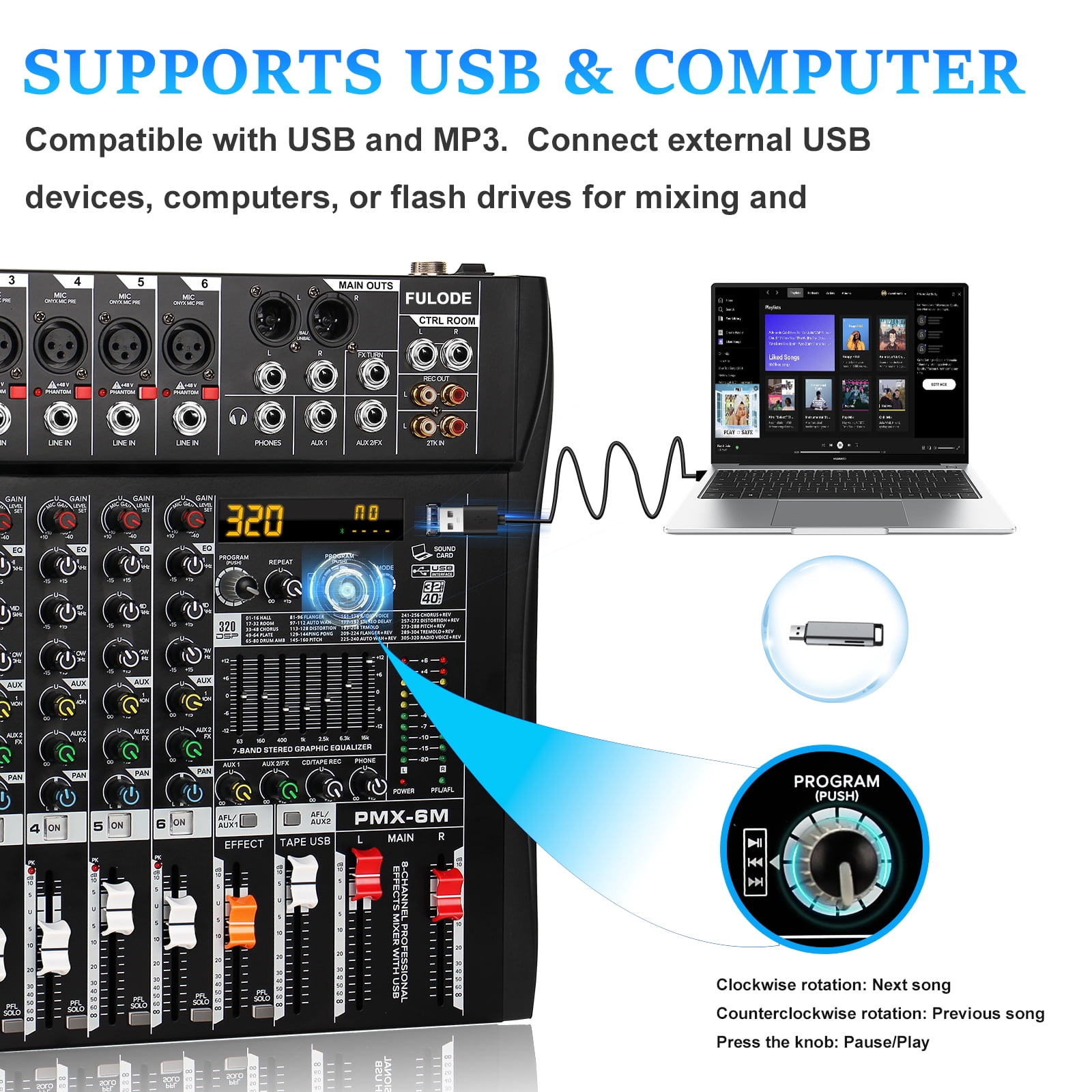 Audio Mixer 6 Channel Professional Mixer Console with 320 DSP Effects, 7-band EQ Sound Mixing Board Digital DJ Mixer w/USB Bluetooth MP3 for Recording, Independent 48V Power & Mute Button