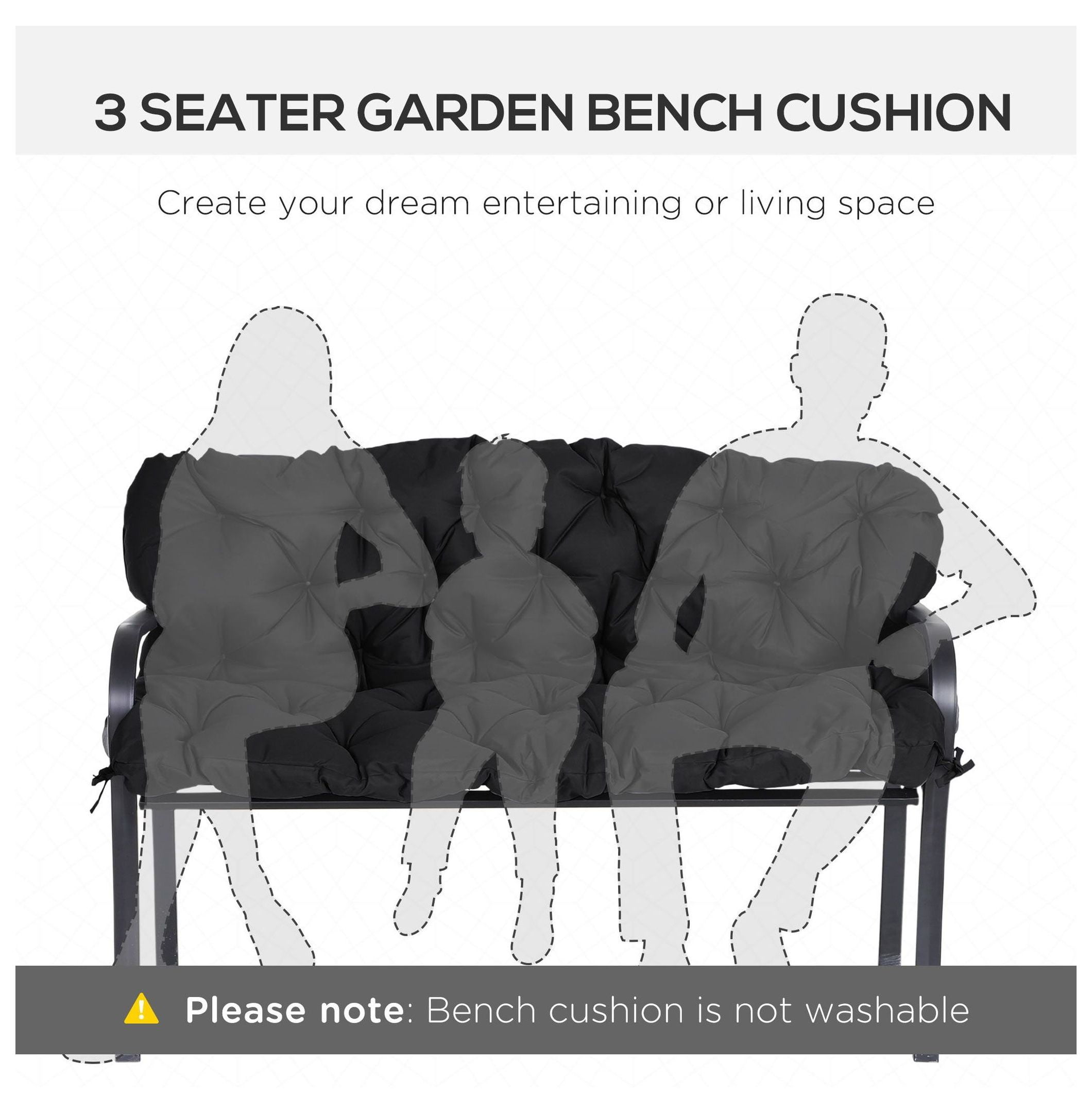 3-Seater Bench Cushion Outdoor Swing Replacement Pad - Black Patio Furniture Cushions with Backrest & Ties