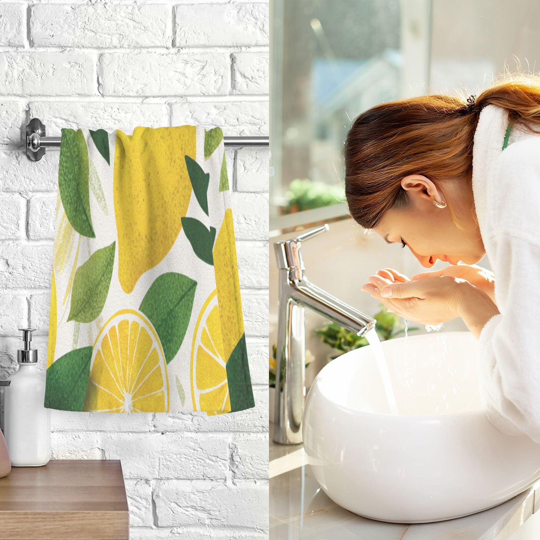 2 Pieces of Cotton Towel Face Towel Set Hand Towel Bath Towel Cotton Bath Towel Sets Yellow Lemon Pattern