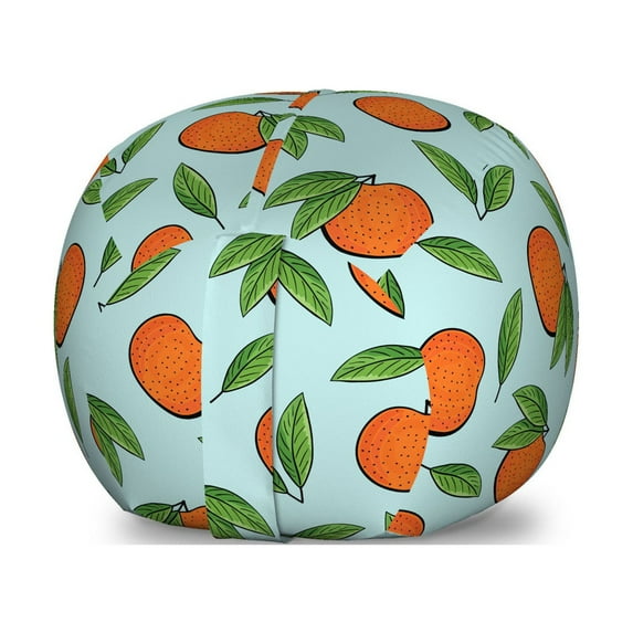 Tangerine Storage Toy Bag Chair, Organic and Fresh Mandarin Fruits with Leaves Pattern, Stuffed Animal Organizer Washable Bag, Small Size, Vermilion Pale Blue, by Ambesonne