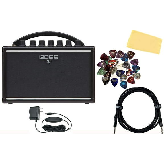 Boss Katana Mini Guitar Amplifier Bundle with Gearlux Power Supply, Instrument Cable, Austin Bazaar Exclusive 24-Pack Picks, and Polishing Cloth