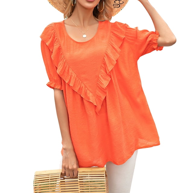 Qarigey Camiseta de mujer Dido, camiseta de manga corta con cuello y volantes, camiseta holgada de verano Prendas para la parte del cuerpo Naranja L Qarigey AP001237-15