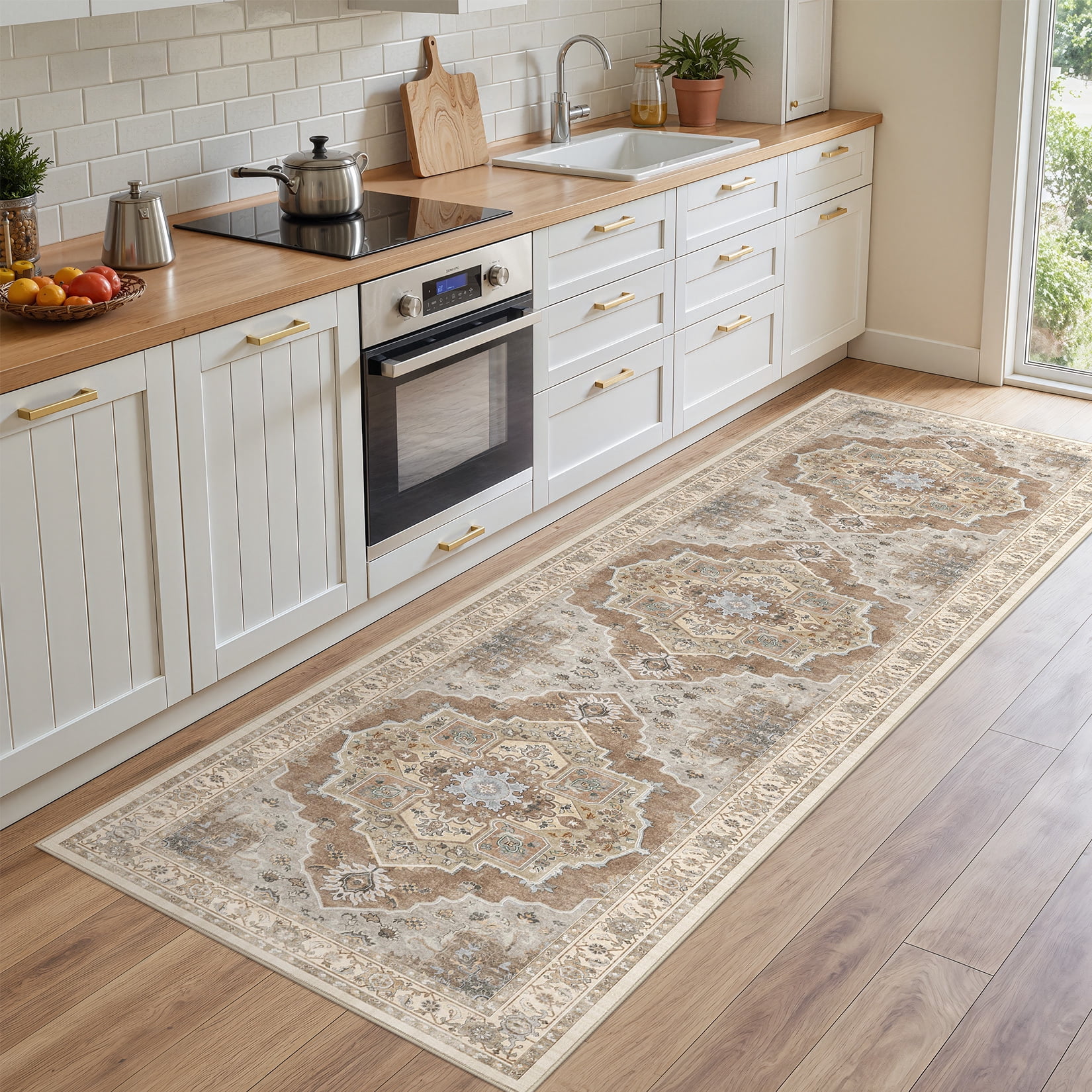Toyoso 2x8 Runner Rug Vintage Medallion Washable Rug Cream Grey Low Pile Non Slip For Kitchen Hallway Laundry Room Entryway Home Decor Carpet