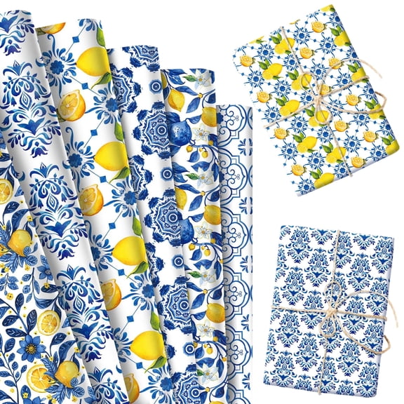 Lemon Blue and White Porcelain Party Wrapping Paper Set - Fresh & Elegant Mix Design for Decor & Gift Wrapping