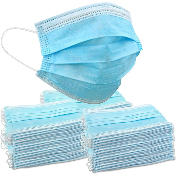 Wave Blue Disposable Face Masks | Indoor/Outdoor Protective Nose & Mouth Coverings with 3-Layer Safety Shield, Elastic Ear Loops & Comfortable Universal Design for Adults & Kids | Bulk Pack of 100