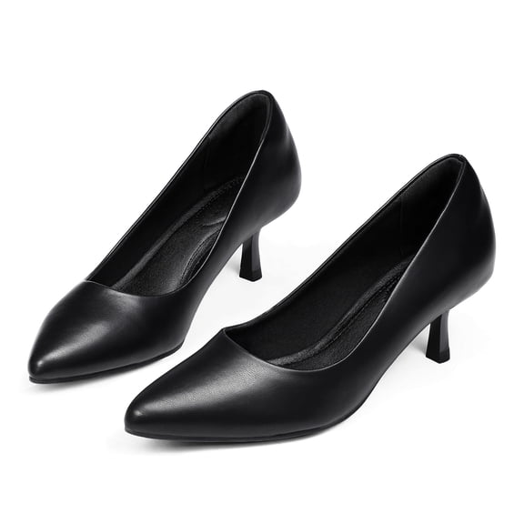 LuckLilac Women's Pumps 2.1inch Shoes Slip-Resistant Dress Shoes, Low Kitten Heel, Pointy Toe, Jet Black,8M