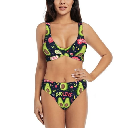 Zeuib Avocado Love High Waisted Tummy Control Bikini Set - Knot Front Push Up Top & Cheeky Thong Bottom  Two-Piece Swimsuit for Women-X-Large