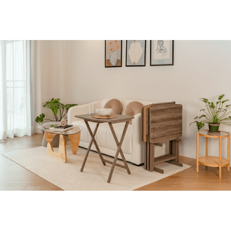 Set Of 4 Folding TV Tray Tables - Dark Grey Industrial Wooden Side Tables For Living Room, Space-Saving