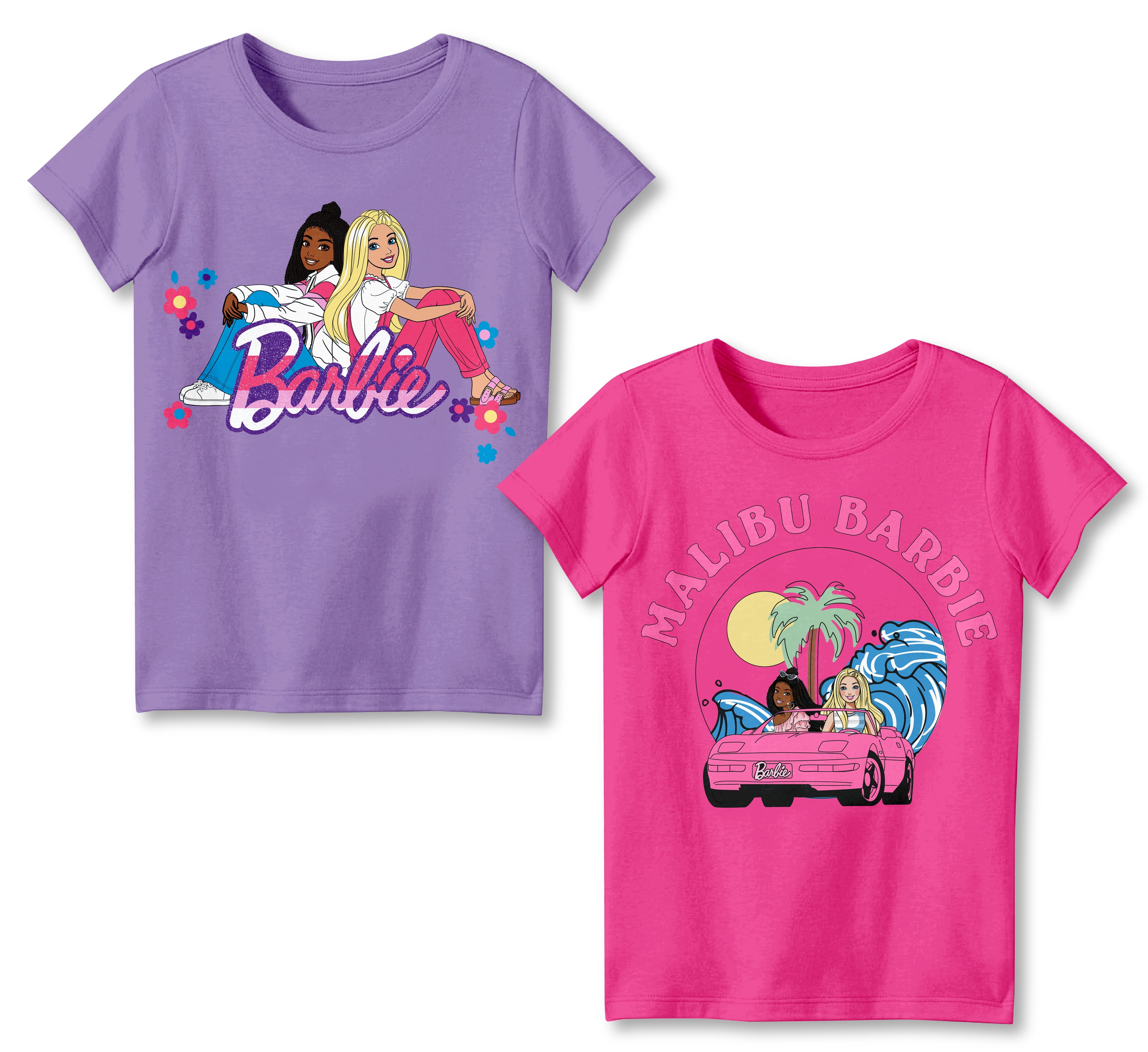 Barbie Girls Tee 2 Pack, Malibu Barbie T-shirts for Girls 2-Pack Bundle Set (Size 4-16