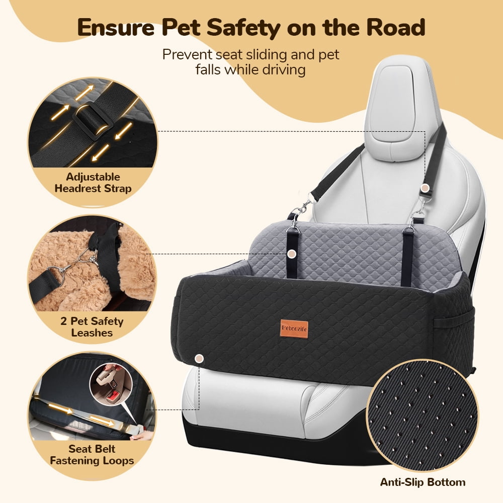Large Dog Car Seat, DOMIPET Elevated Pet Car Seat for Dogs up to 55kg, Detachable & Washable Car Dog Bed with Storage Pockets