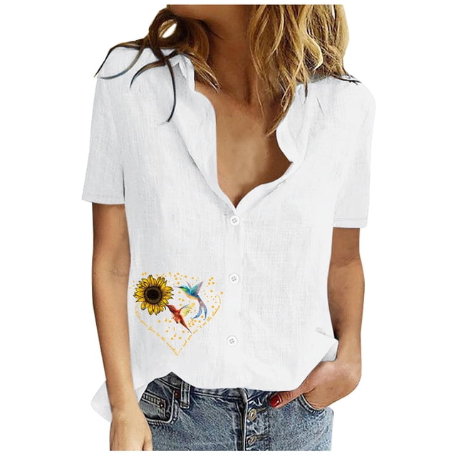 EQWLJWE Chemises pour Femmes Liquidation Femmes Manches Courtes Décontracté Imprimé Manches Courtes Ample Bouton Col Rabattu Chemise Blouse Unie