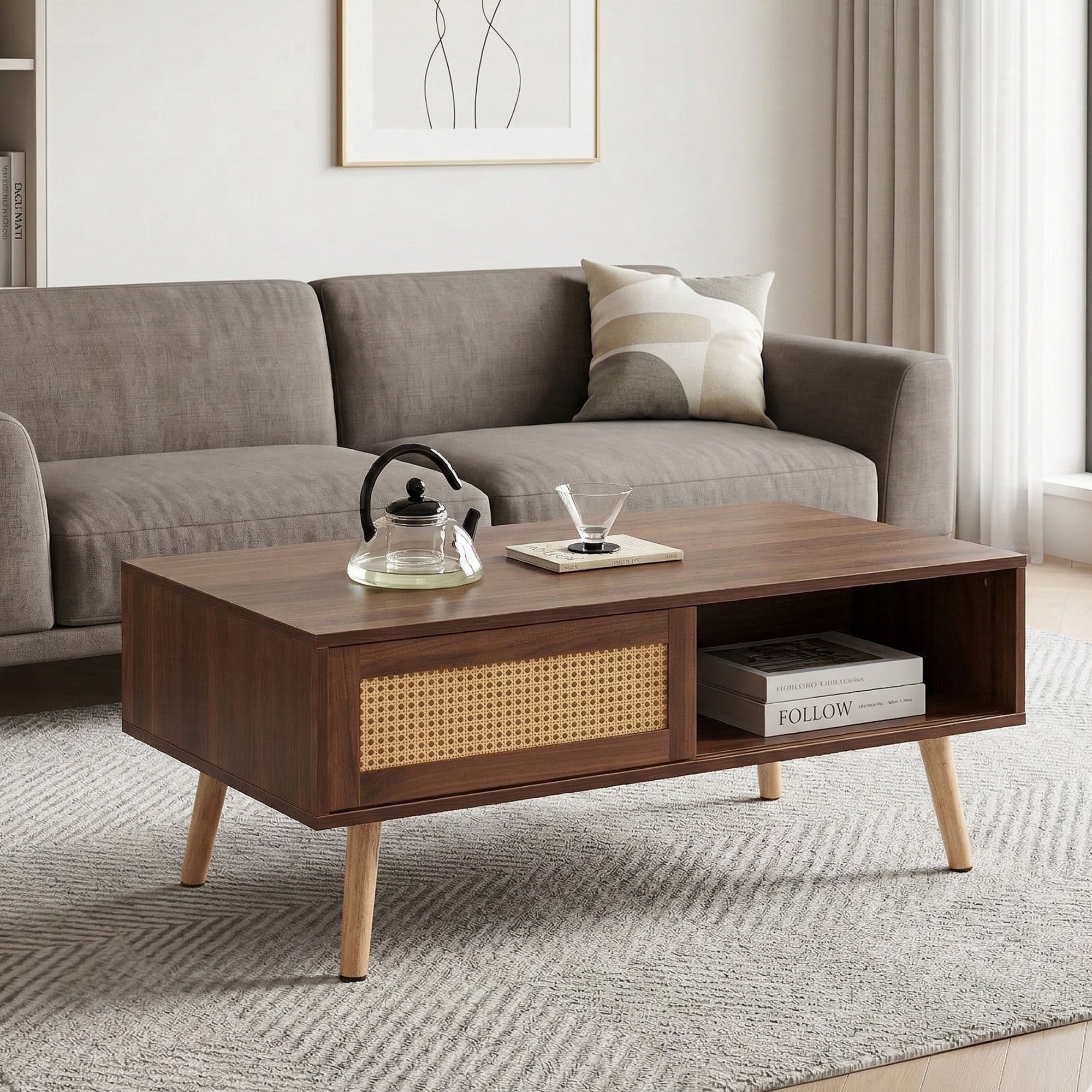 Leumius 41.3 Inch Rattan Coffee Table with Sliding Storage Door, Rectangle Wooden Accent Center Sofa Table with Solid Wood Legs,Suitable for Living Room,Walnut