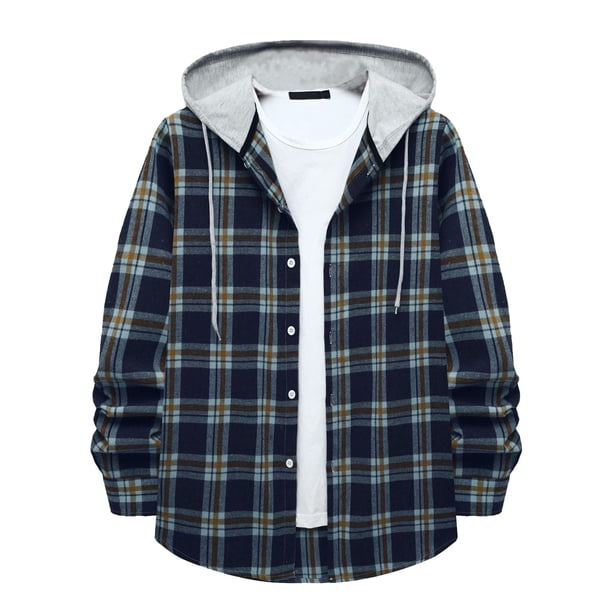 Men's Plaid Shirt Hooded Button Sweatshirt Men's Casual Fashion SweatshirtL