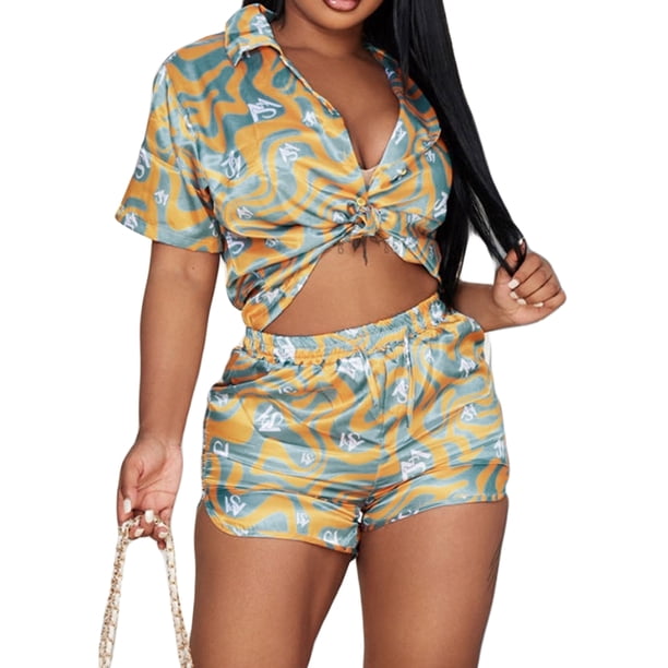 VISgogo, traje de 2 uds con pantalones para mujer, blusa con botones de solapa de manga corta estampada, pantalones cortos ajustados de cintura alta, ropa encantadora para mujer VISgogo moda