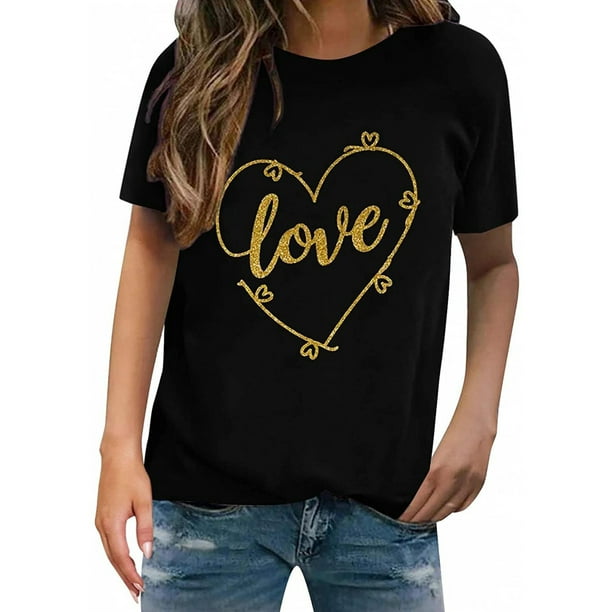 Camisetas unisex con cuello redondo LOVE Print Blusas cómodas clásicas Tops de San Valentín Pompotops oipoqjl3740