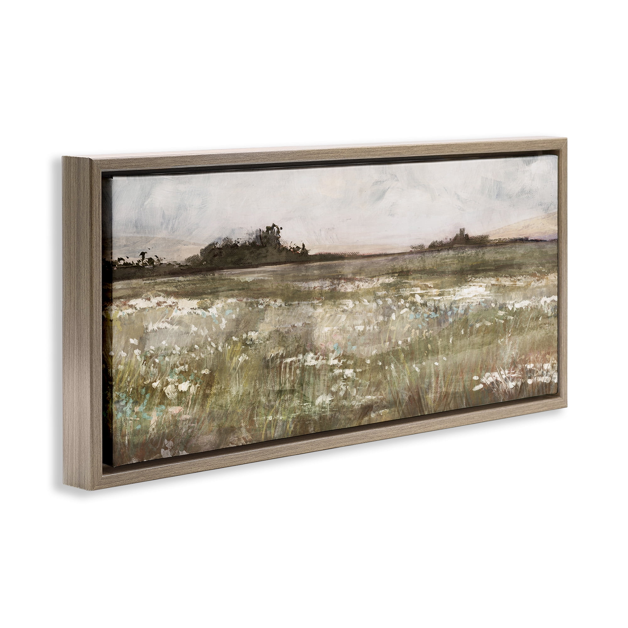 Stupell Industries Rural Country Meadow Landscape Painting Brown Floater Framed Canvas Art Print Wall Art, 25 x 11
